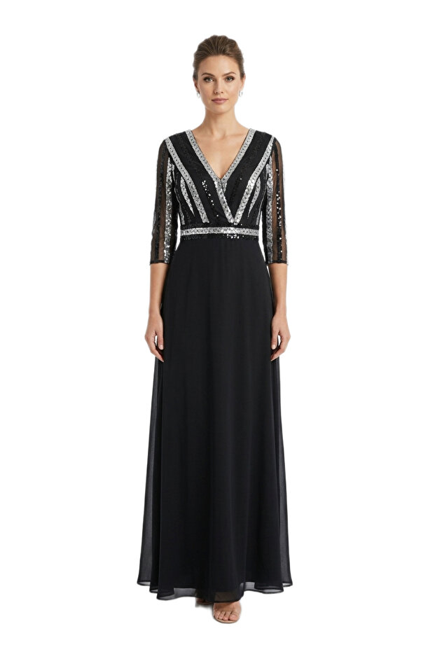 Linear Sequin Embroidered V-Neck Evening Dress