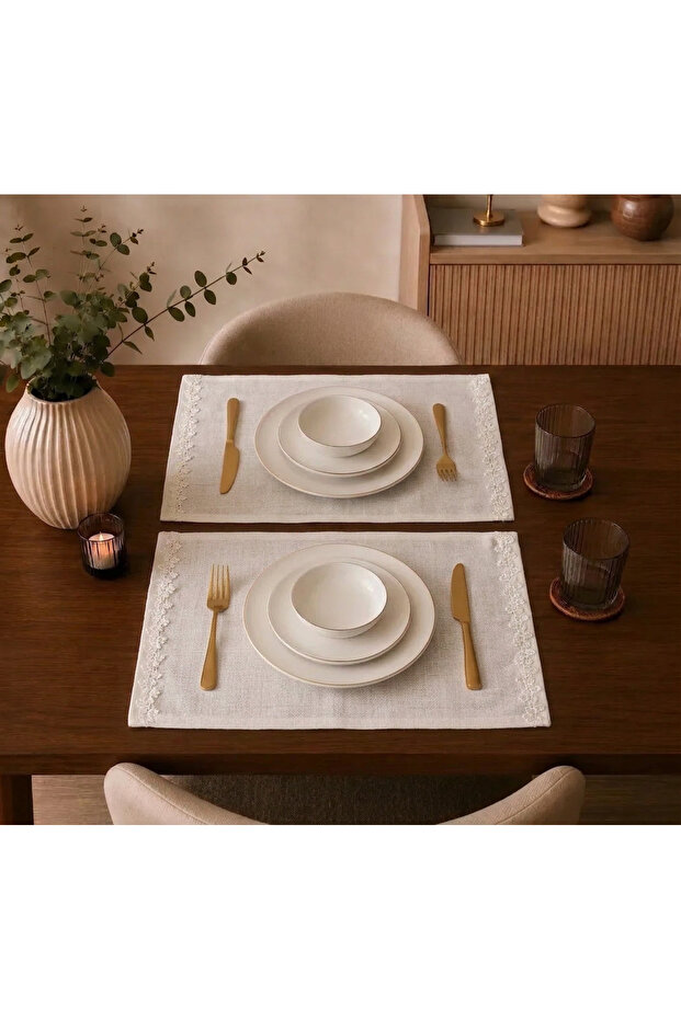 Linen White Leafed Etamine Fabric, American Service Set of 2