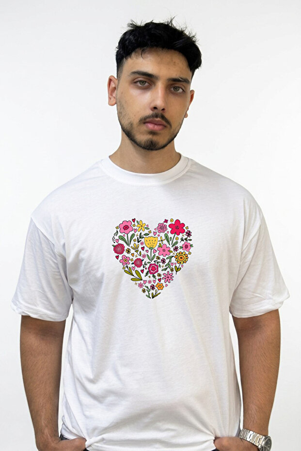 Heart Flowers Design Printed Oversize White T-Shirt