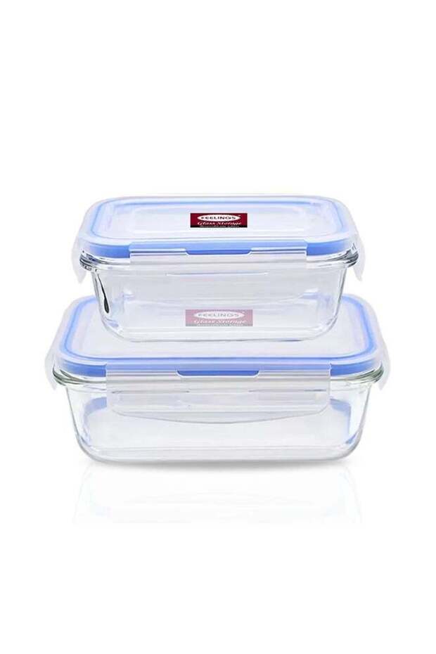 Glass Storage Box With Blue Silicone Lid 2 Pieces Clear 600+400ml
