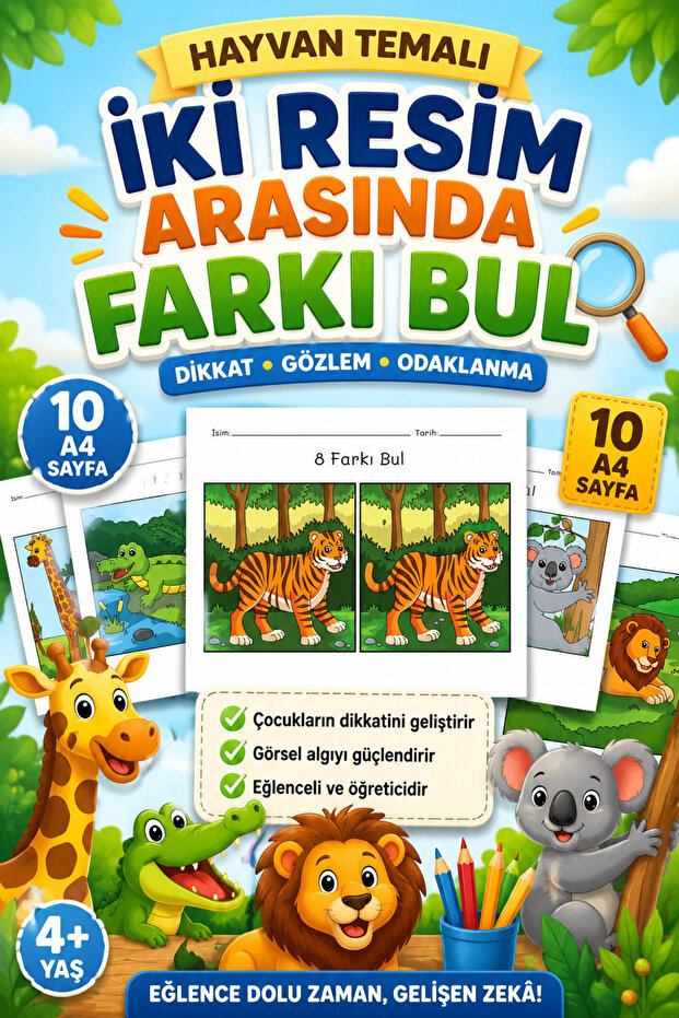 Animal Themed Spot the Difference Activity | 10 A4 Sheets Educational Work for Developing Attention and Visual Perception | Children's Activity for Ages 3+