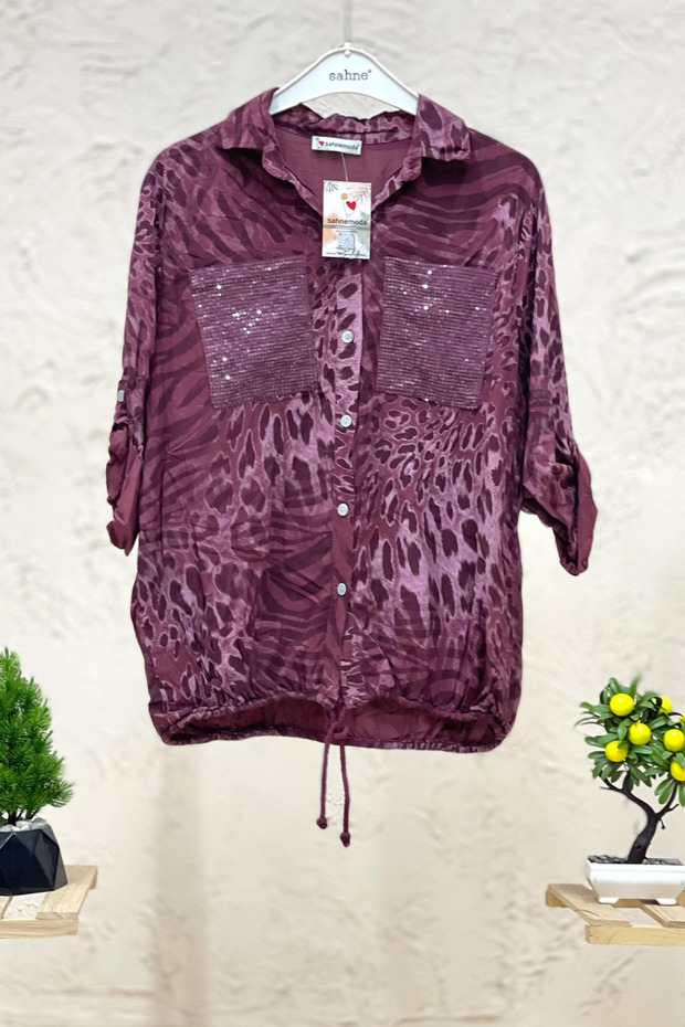 Batik Leopard Pattern Sequin Detailed Voile Shirt