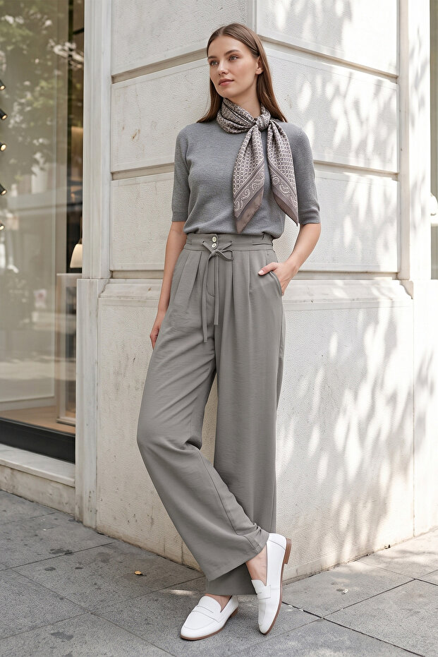 High Waist Double Button Tencel Wide Leg Pants - Mink