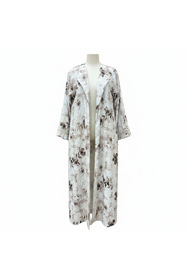 Women's Floral Long Duster Jacket with Pearl Cuffs