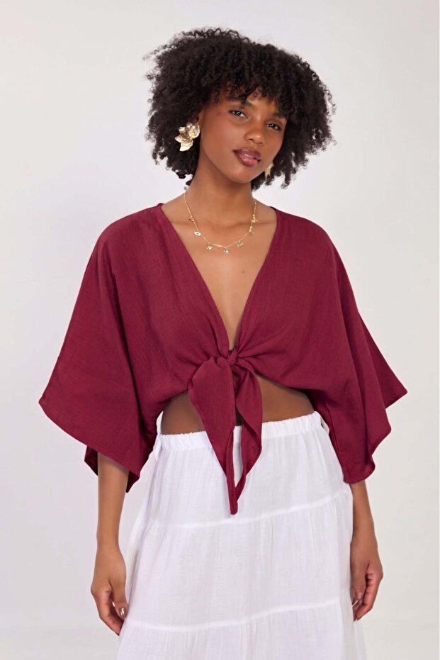 Women's Tie-Front Crop Blouse - Burgundy