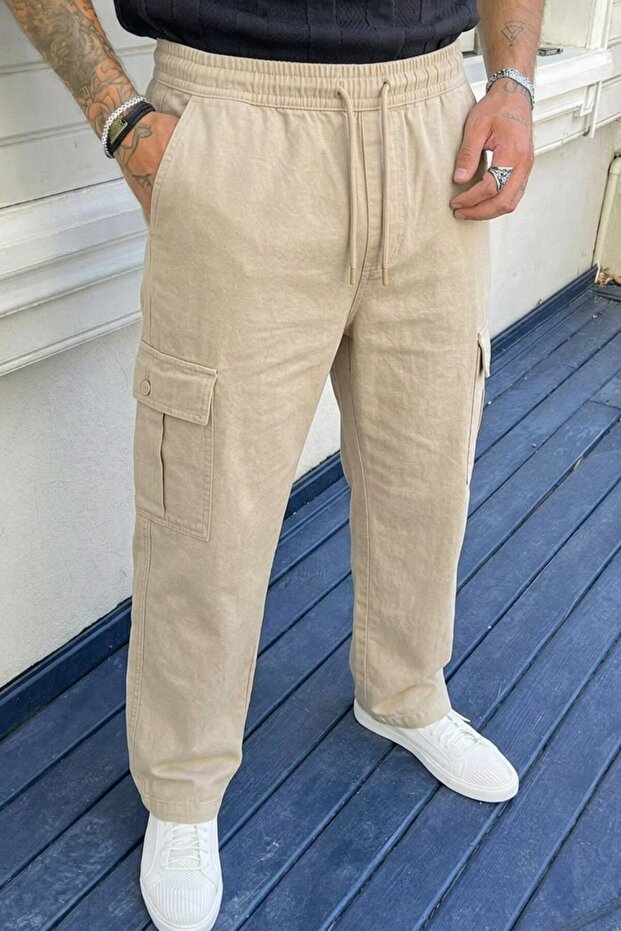 Men's Cream Loose Linen Trousers with Cargo Pockets
