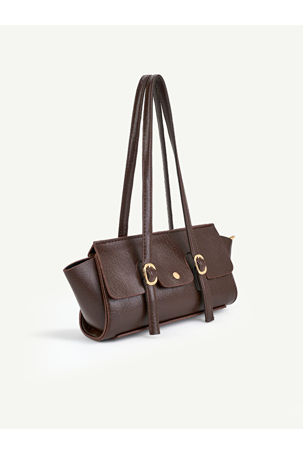 Women's belt buckle detailed rectangle baguette hand and shoulder bag