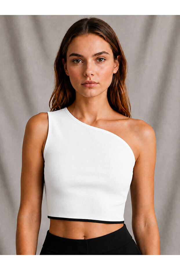 Women's White One-Shoulder Asymmetrical Crop Blouse Slim Fit Stretchy Fabric Stylish Casual