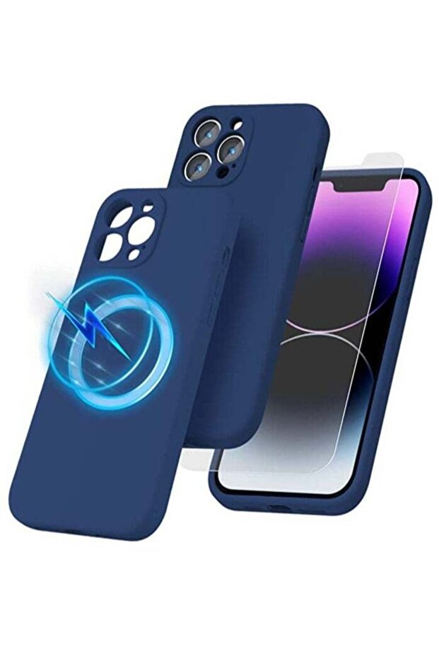 iPhone 14 Pro Max + 2 Pack Tempered Glass Screen Protector Magsafe Silicone Case, Blue