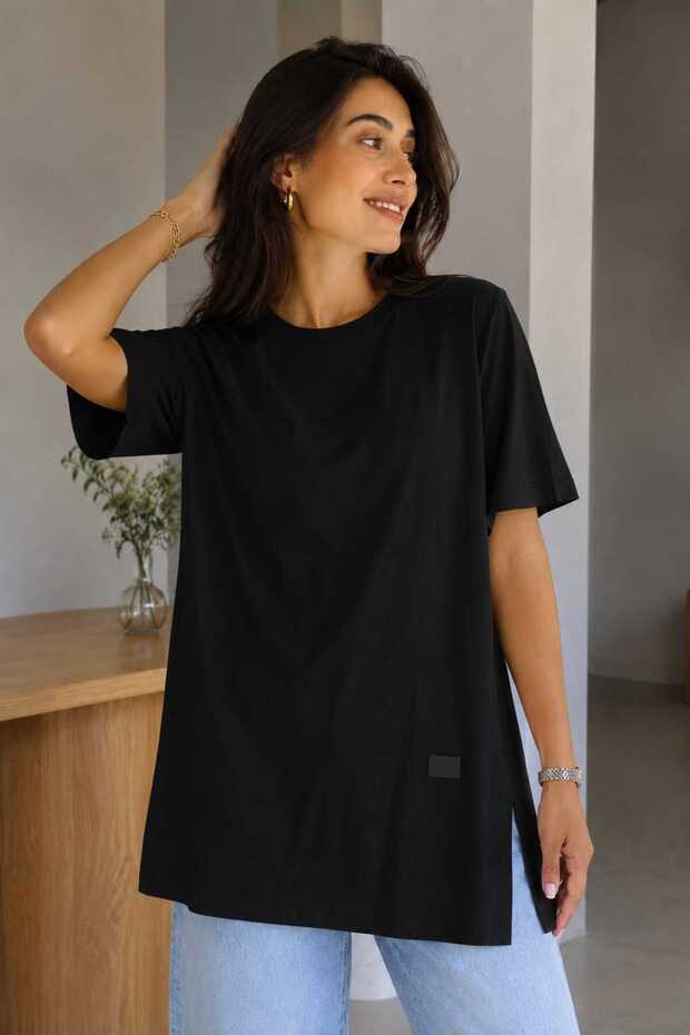 Women's Basic Oversize T-Shirt, Crew Neck, Long Length, Slit, Laser Cut, 100% Cotton