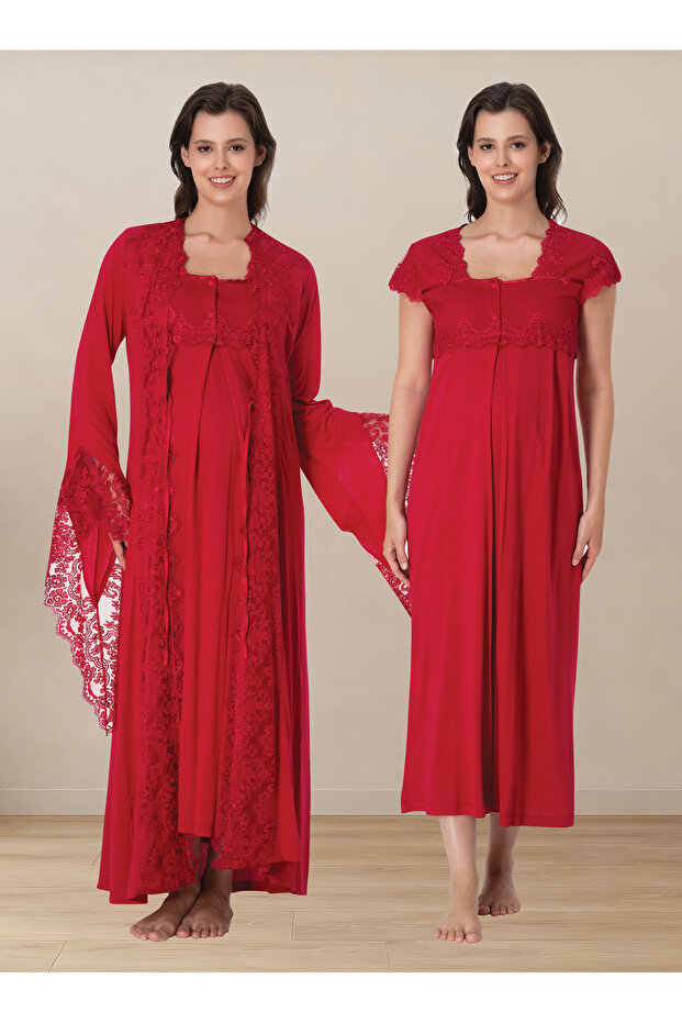 Soft Textured Maternity Nightgown Set with Robe Effortt - Cherry