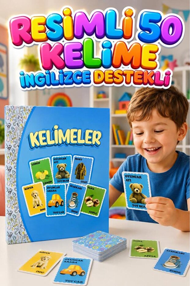 English-Turkish Educational Cards - Visual Language Development Set for Children with 50 Word Cards