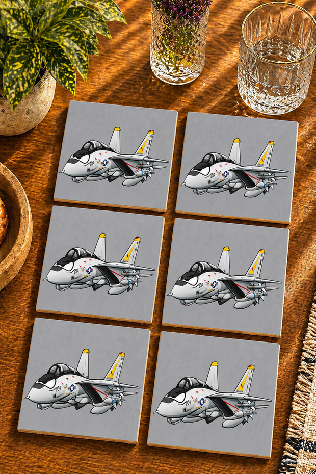 Modern 6-Piece Set of Coasters with Jet Plane Illustration - Uv Printing Mdf - 10X10 cm