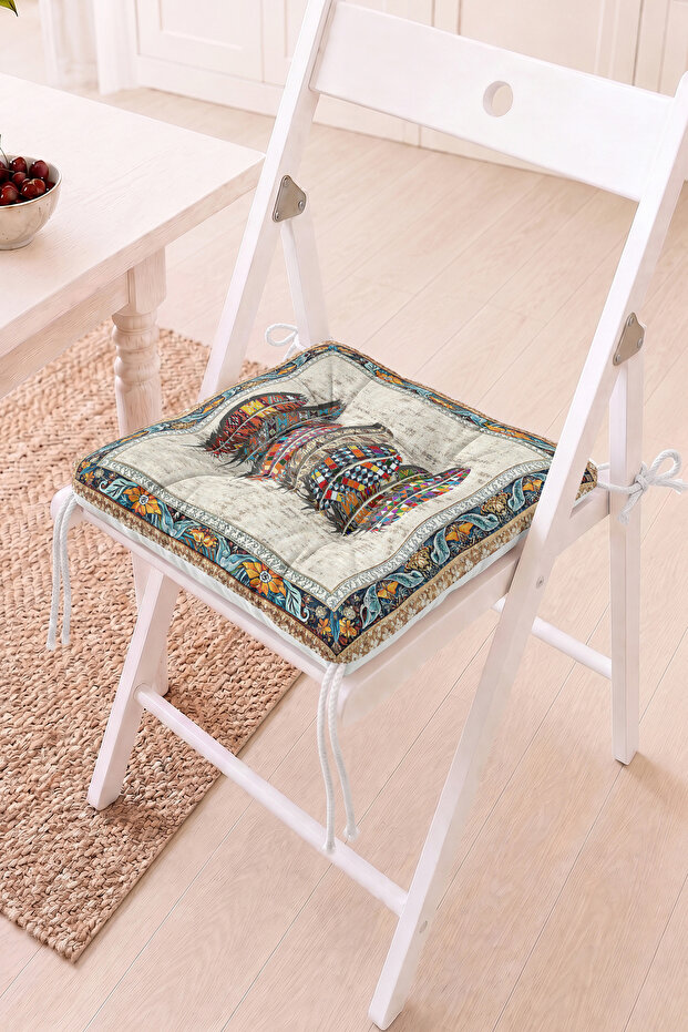 Renkli Tüy Motifli Pofidik Sandalye Minderi - Bohem ve Retro Dekoratif Minder