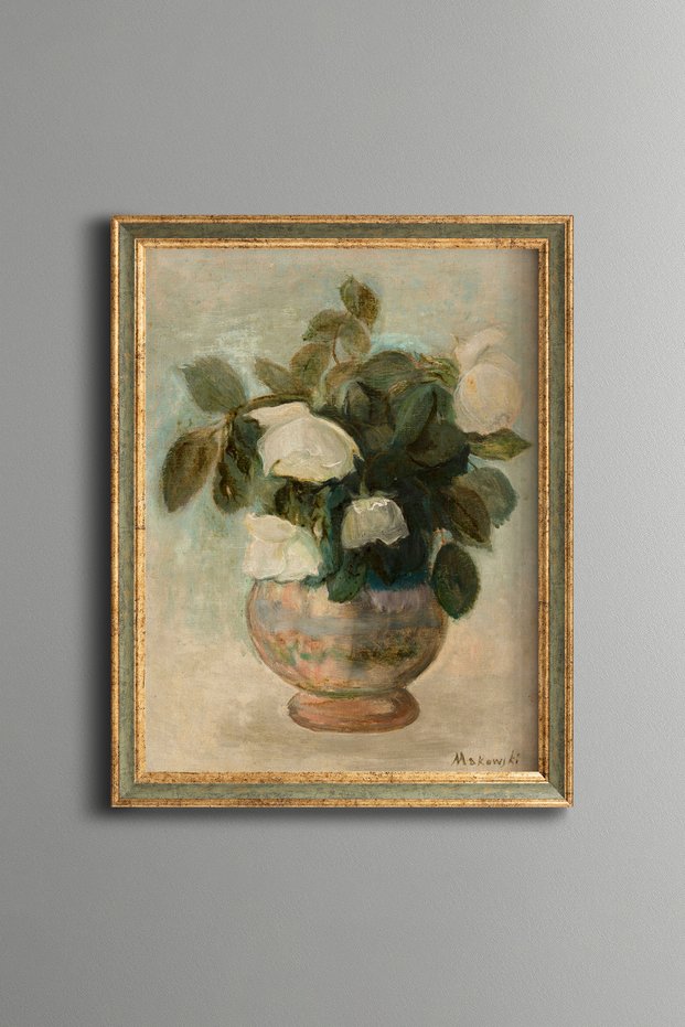 White Floral Still Life - Vintage Patterned Painting - Fine Model