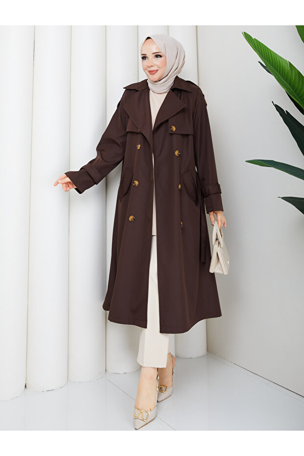 Double Button Windbreaker Hijab Trench Coat Rc3143