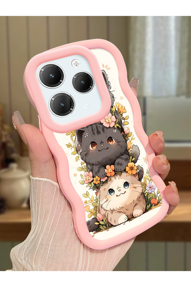 Infinix Hot 40 Pro Compatible Case Camera Protector Pink Silicone Couple Phone Case Cat Pattern