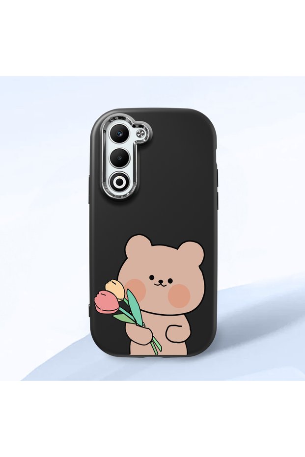 Oppo A5 Compatible Case Camera Protector Black Silicone Couple Phone Case with Teddy Bear Pattern