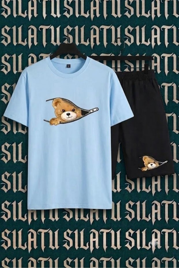 Unisex Zippered Bear Printed Shorts and T-Shirt Set
