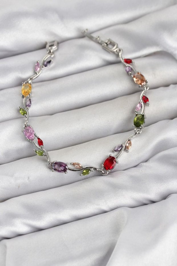 Brass Silver Color Mix Color Zircon Stone Flower Model Women's Bracelet