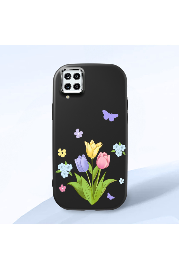 Samsung Galaxy A12 Compatible Case Camera Protective Black Silicone Couple Phone Case with Floral Pattern