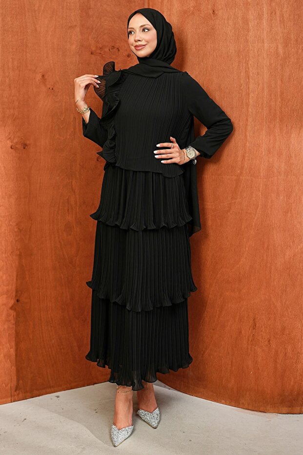 Black Layered Pleated Evening Dress