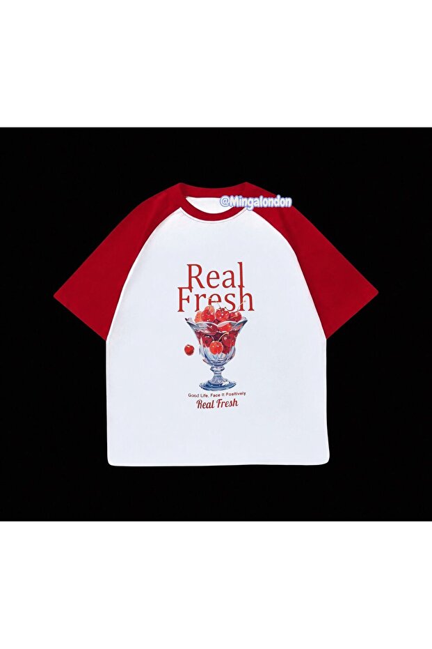 تي شيرت أحمر بأكمام راجلان مطبوع من Real Fresh