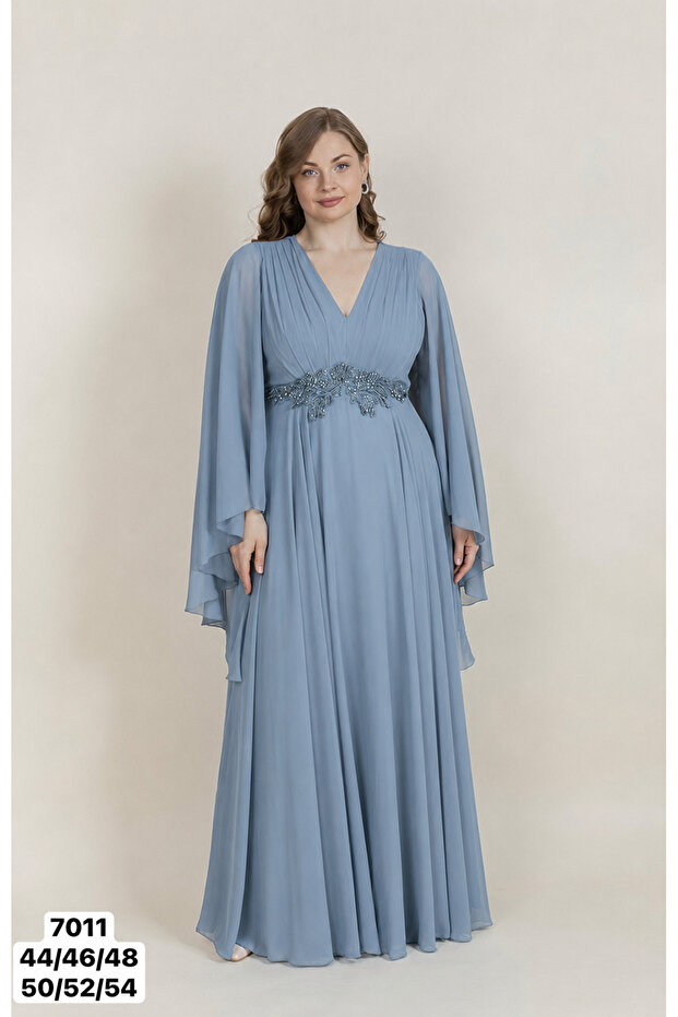 Cape Detailed Beaded Embroidered Plus Size Satin Evening Dress