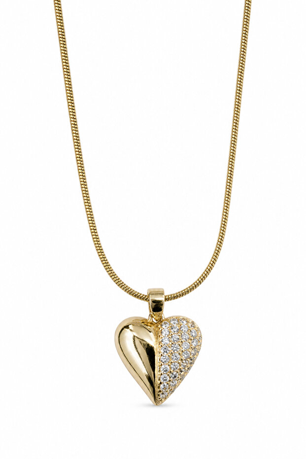 Yellow Color Heart Figured Stone and Simple Half Design Steel Necklace