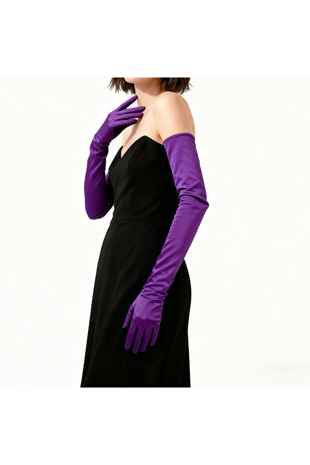 One Size Purple 70cm Women Satin Elasticity Smooth Wedding Dress Opera Elbow Etiquette Gloves Perfor