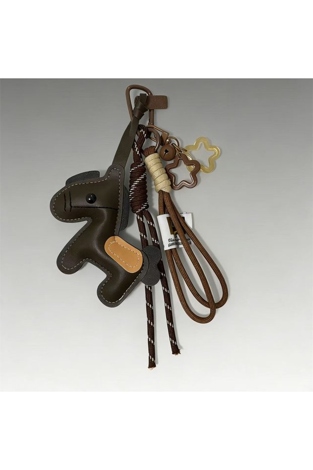 ministar Cute Handmade Leather Pony Bag Charm Color-block Star & Braided Cord Keychain Adorable Gift