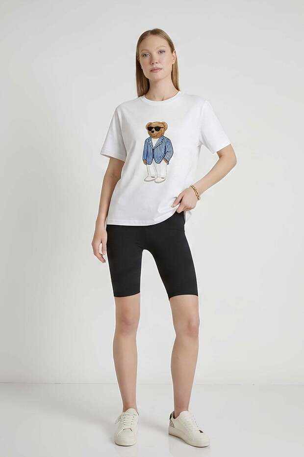 Bear Patterned T-Shirt Ecru