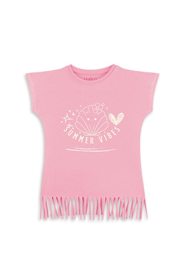 Girl's 100% Cotton Sea Shell Printed T-Shirt with Tassels