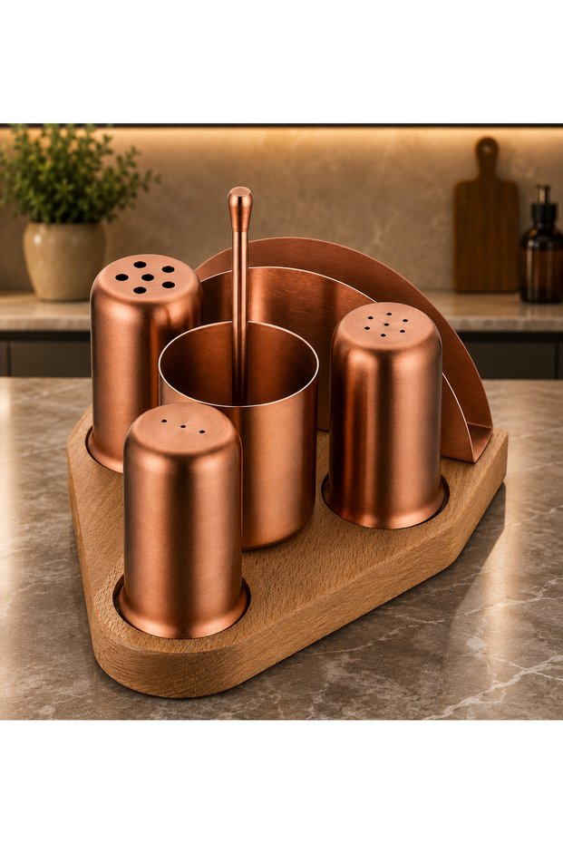 304 Steel Quad Salt Shaker, Pepper Shaker, Toothpick Holder, Napkin Holder with Wooden Base (Dining Hall/Restaurant/Hotel/Cafe/Workplaces)