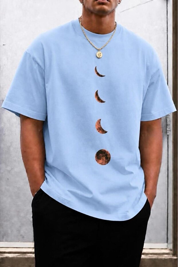 Moon Printed Crew Neck Cotton Men's T-Shirt Relaxed Fit