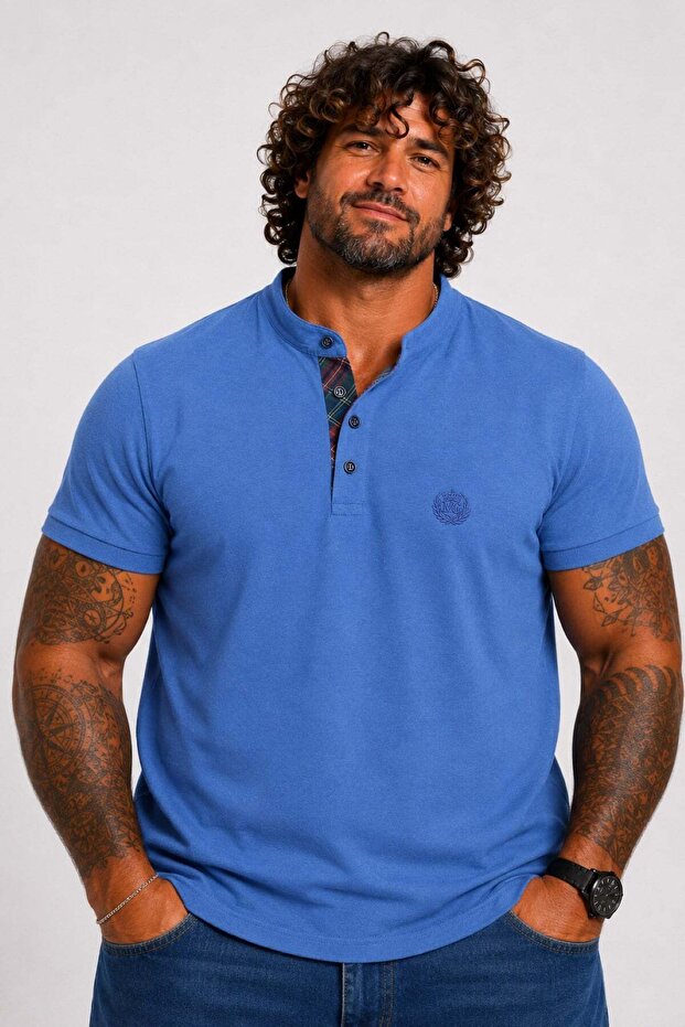 Men's Large Size Single Jersey Polo T-Shirt with Stand Collar 26400 Cobalt Blue