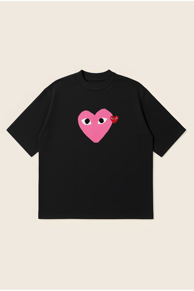 Comme Des Garçons Pink Heart Printed Oversize Boxy Cut Unisex 100% Cotton Printed Tshirt | Streetwear
