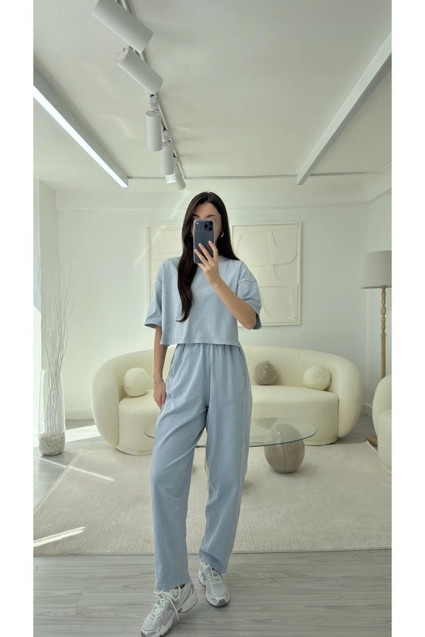 Ice Blue Washed Crop T-Shirt Shalwar Set - 7014