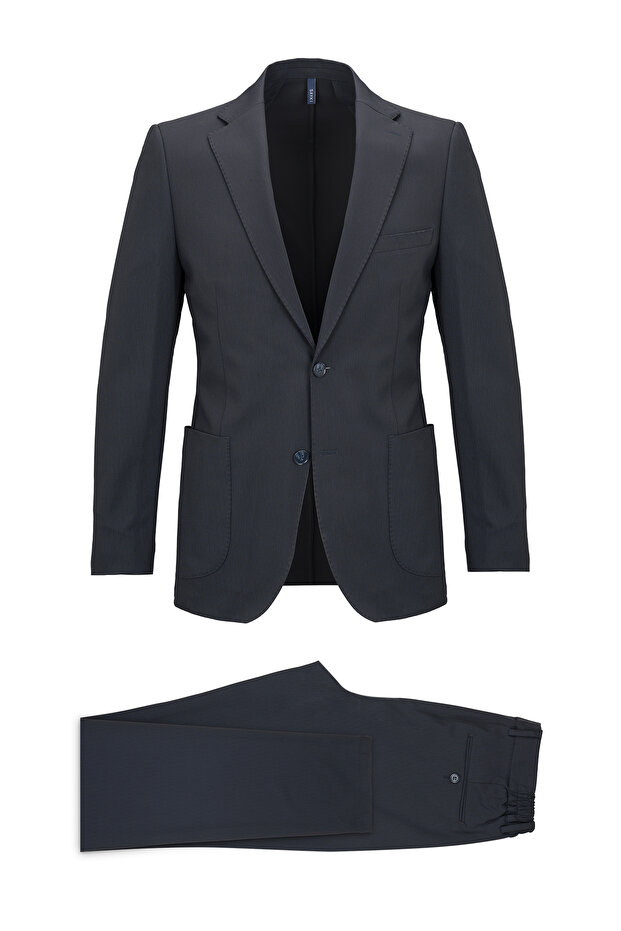 Navy Blue Slim Fit Striped Mono Collar Suit