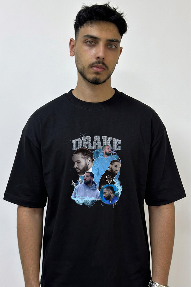 تي شيرت أسود كبير الحجم مطبوع بتصميم Drake_49