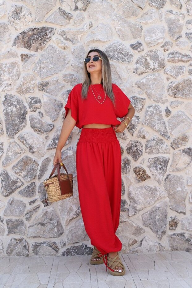 Red Drawstring Waist Elasticized Shalwar Suit
