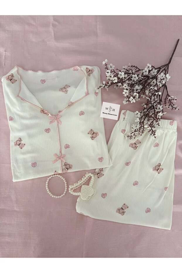 Short Sleeve Pink Teddy Bear Special Texture Pajama Set