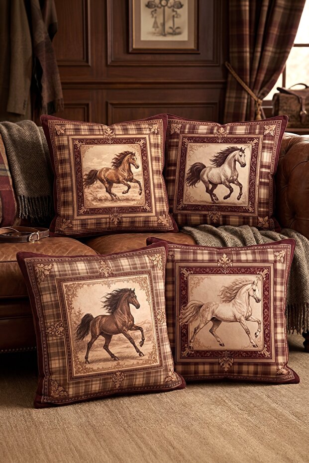 Minimalist Horses Patterned 4-Piece Throw Pillow Cover Set