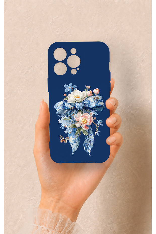 iPhone 14 Pro Max Compatible Blue Ribbon Flower Pattern Silicone Case