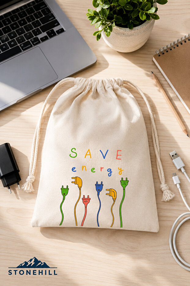 Save Energy Printed Cloth Pouch 15X20 cm Set of 2 - Drawstring Cotton Multi-Purpose Storage Pouch, Cable Organizer, Gift Pouch