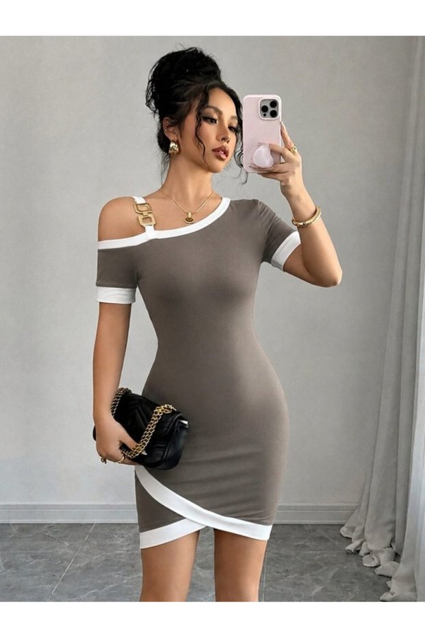 Women's Short Sleeve Asymmetric Cut Collar Stripe and Accessory Detailed Modal Dress