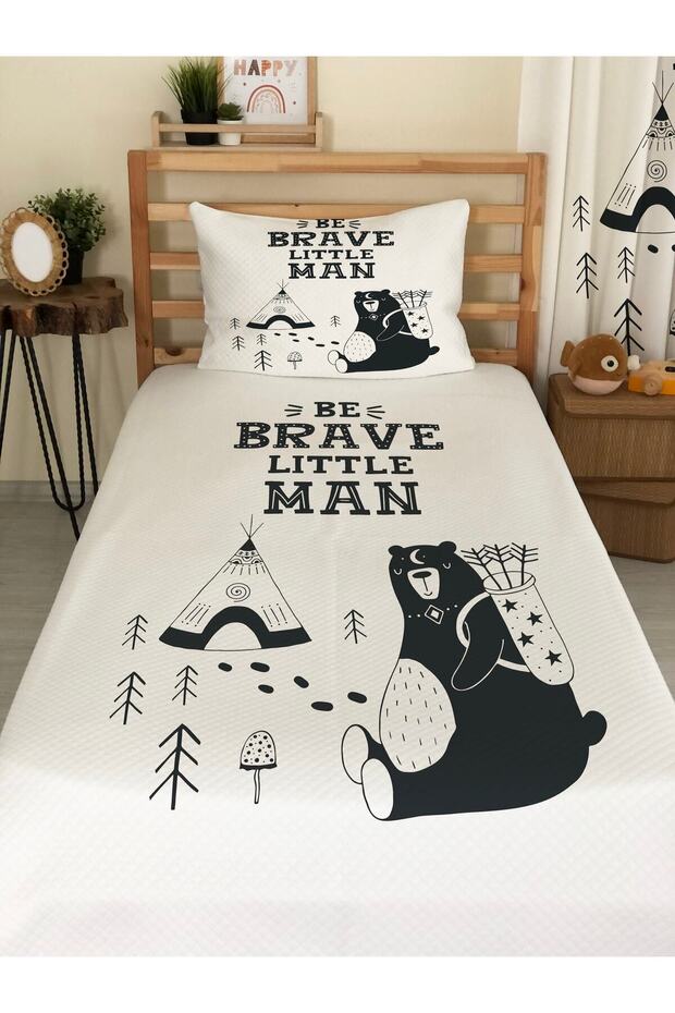 MİLROMA Bear and Camping Patterned Baby and Kids Printed Single Pique Set 160x230 White