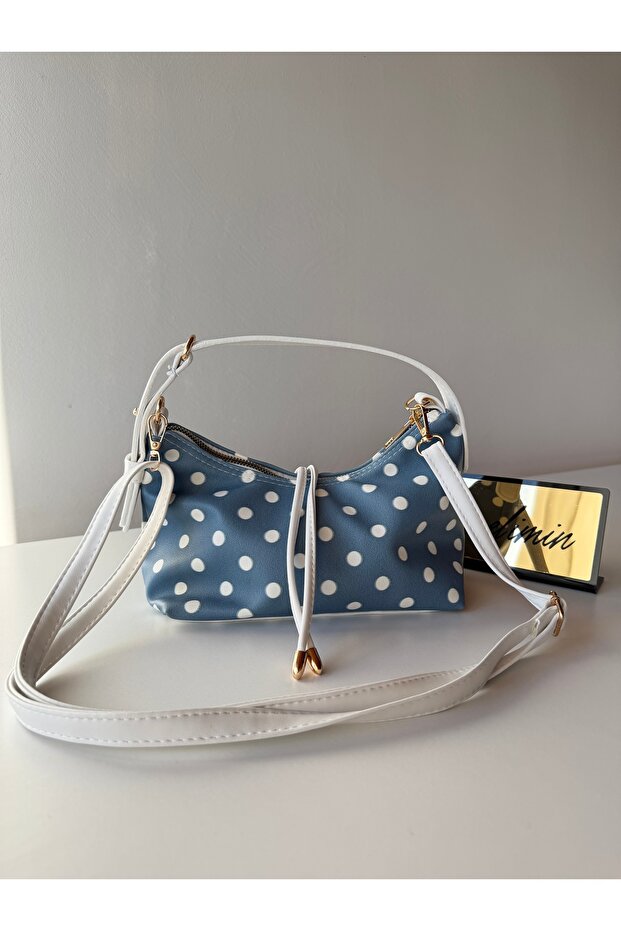 Women's Blue-White Polka Dot Baguette Bag Retro Shoulder and Hand Bag