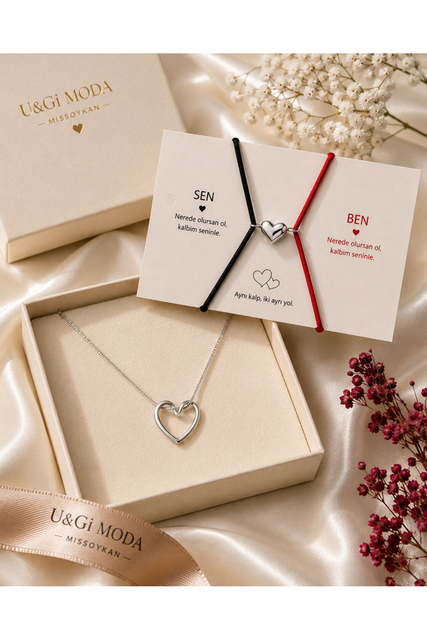 Heart Figured Necklace and Couple Bracelet Set – Lover's Combination – Adjustable Unisex Jewelry Set
