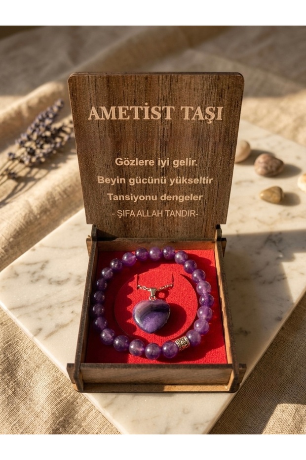 Amethyst Stone Natural Gemstone Heart Cut Necklace with Wooden Box, Bracelet Set
